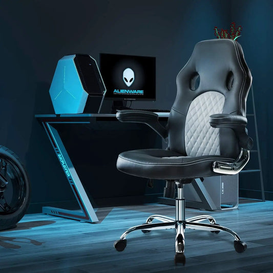 Ergonomic gaming chair with flip-up arms, black leatherette and quilted center, chrome base on Tampa Home & Garden Store