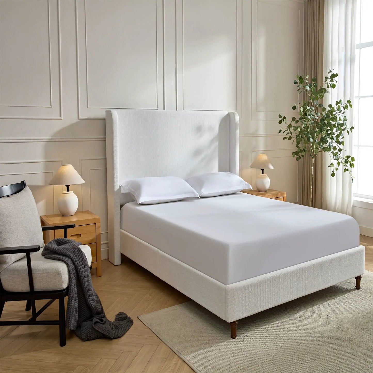 Harper tall headboard upholstered bed ivory fabric high headboard no box spring needed on Tampa Home & Garden Store