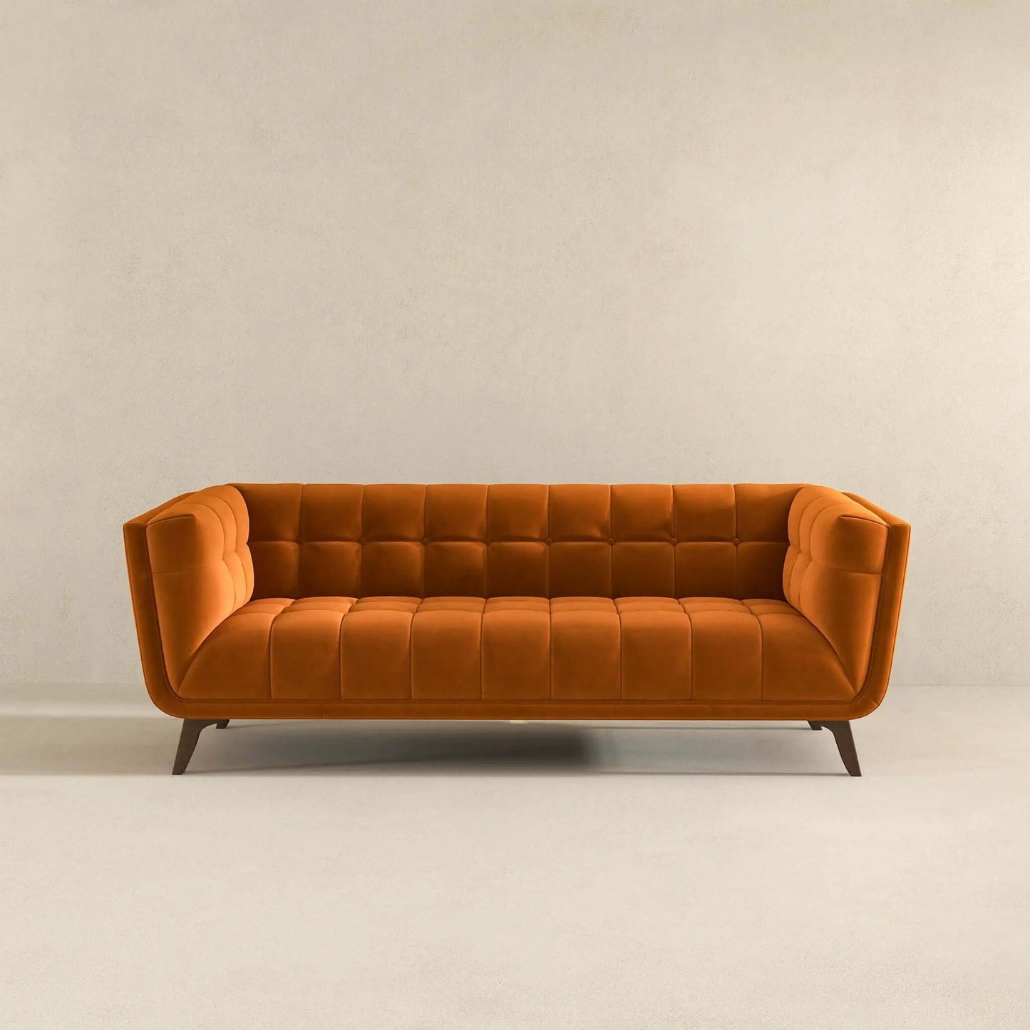 Addison mid-century tufted orange sofa with square channels, stationary sofa on Tampa Home & Garden Store