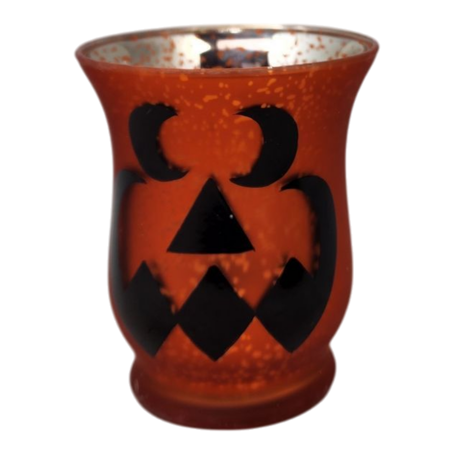 Whimsical Halloween Glass Candle Holder orange glass with black pumpkin cutouts, candle visible on Tampa Home & Garden Store