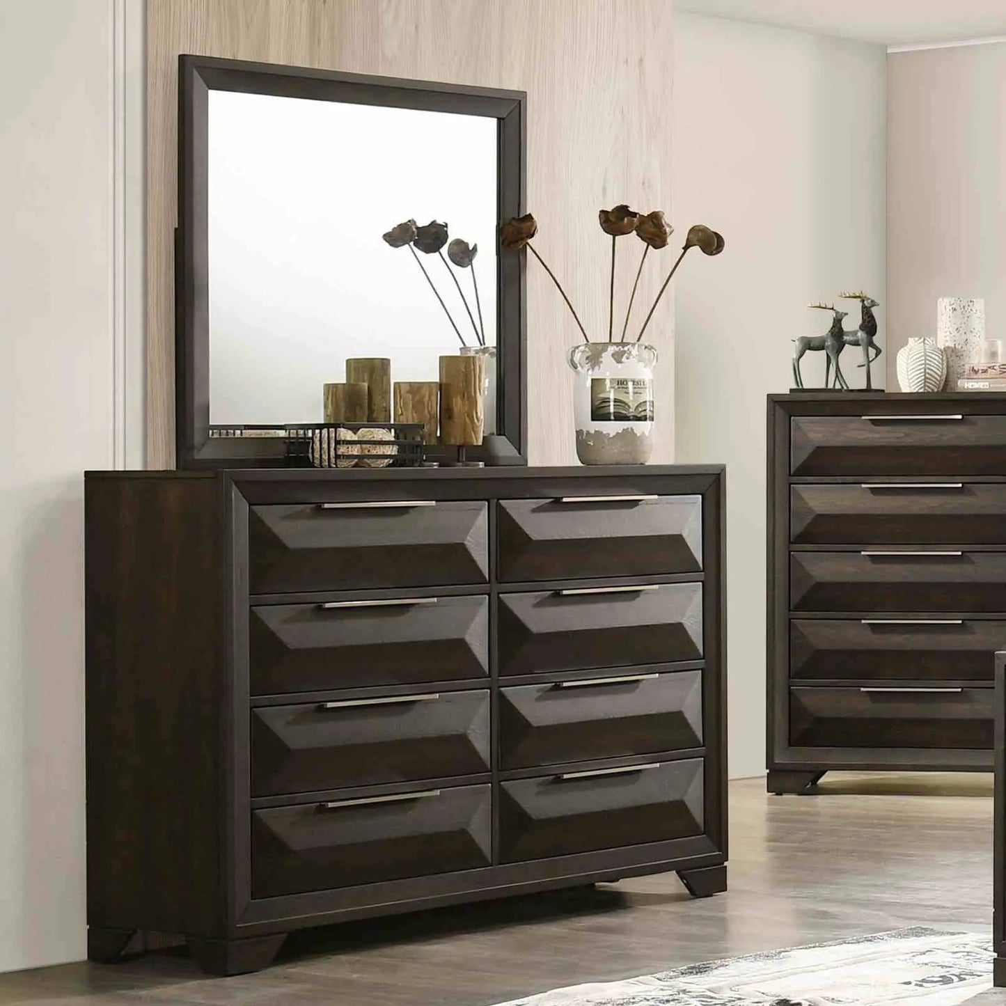 Two espresso 8-drawer dressers with beveled bracket fronts by Unique Piece Furniture on Tampa Home & Garden Store