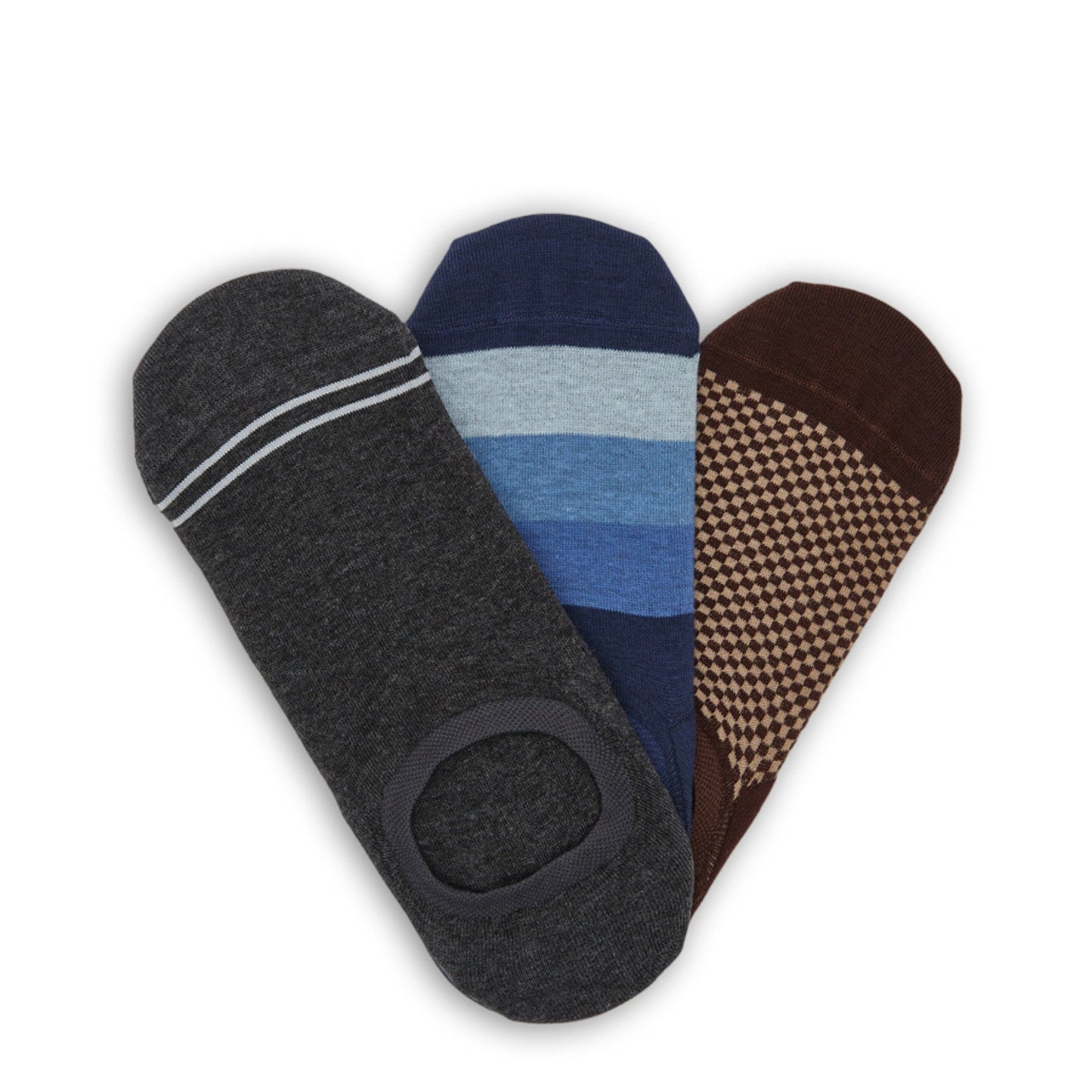 No-Show Socks 3-pack by DeadSoxy in charcoal heather, blue striped, and brown checkered patterns on Tampa Home & Garden Store