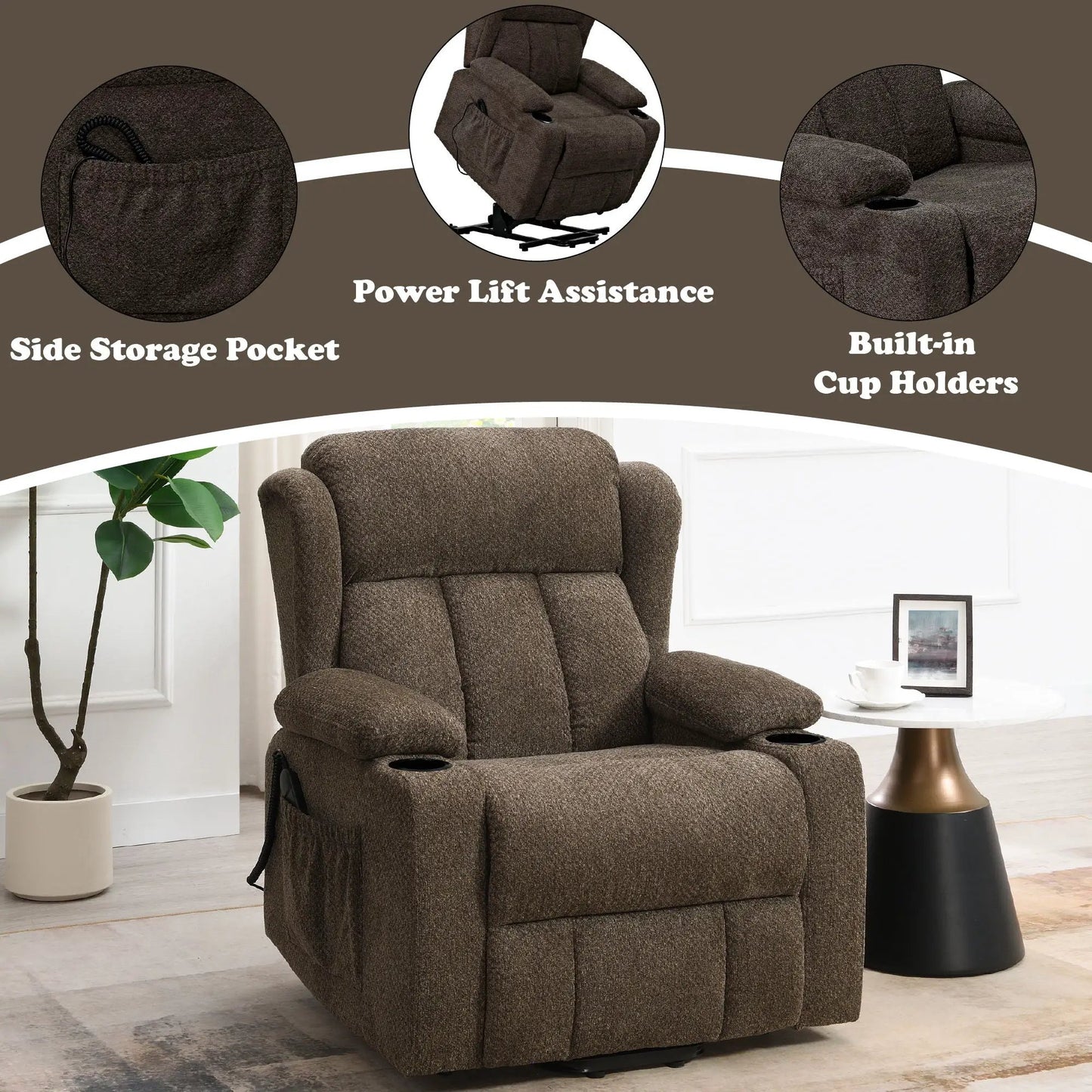 Lusio Power Motion Recliner With Lift & Cup Holders in brown fabric with side storage pocket on Tampa Home & Garden Store