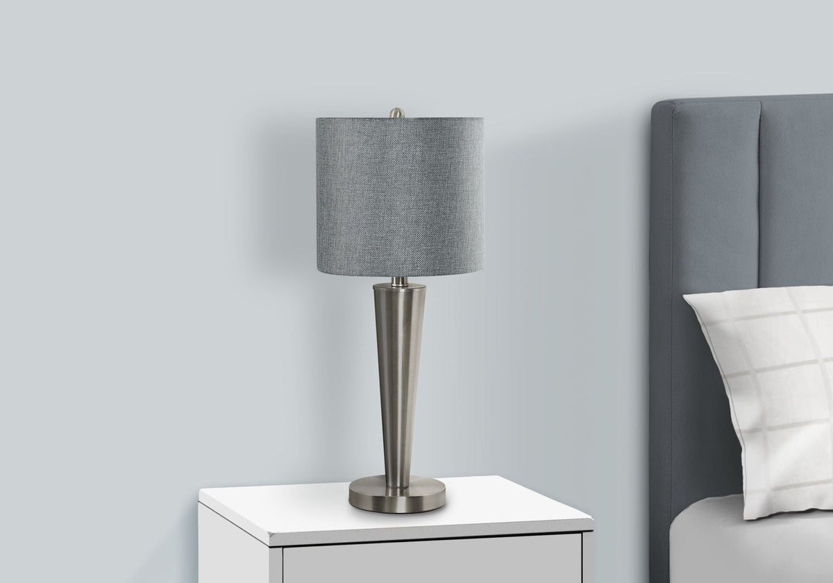 Contemporary table lamp set of 2 with USB port, gray fabric shade and brushed metal base on Tampa Home & Garden Store