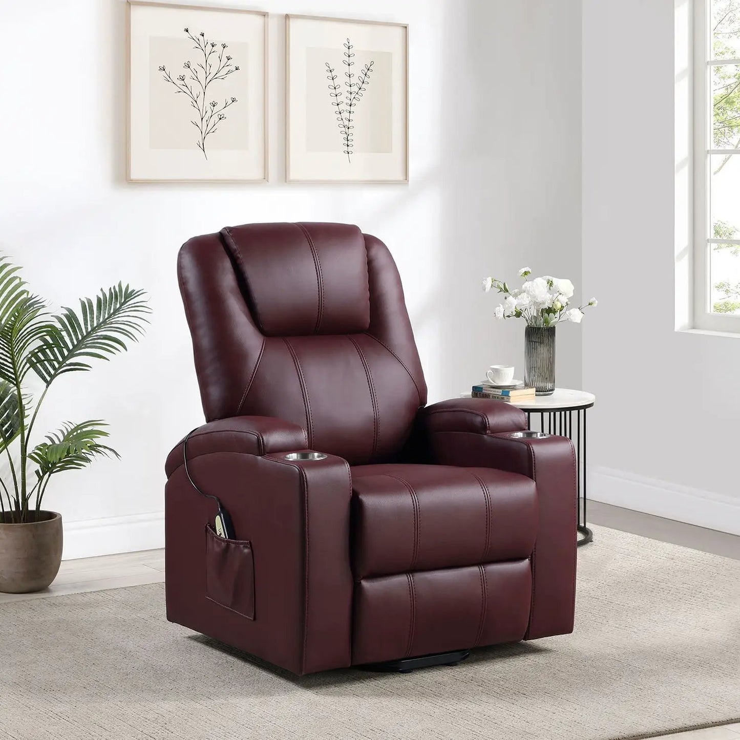 Macklin Power Lift Massage Recliner in burgundy leather with dual cupholders on Tampa Home & Garden Store