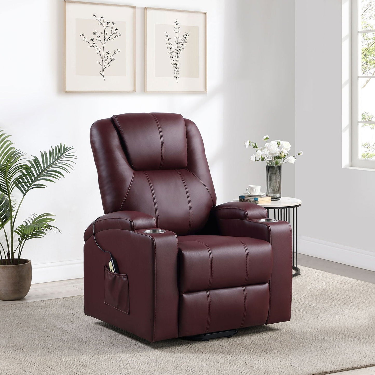Macklin Power Lift Massage Recliner with Heat & Dual Cupholders in burgundy leather on Tampa Home & Garden Store
