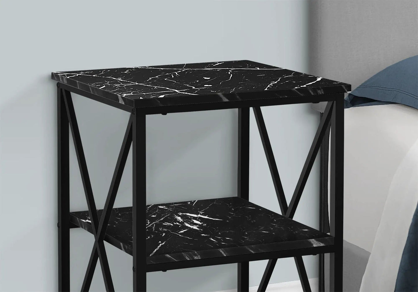 3 Tier Accent Table with black marble look top and shelf, black metal frame Unique Piece on Tampa Home & Garden Store
