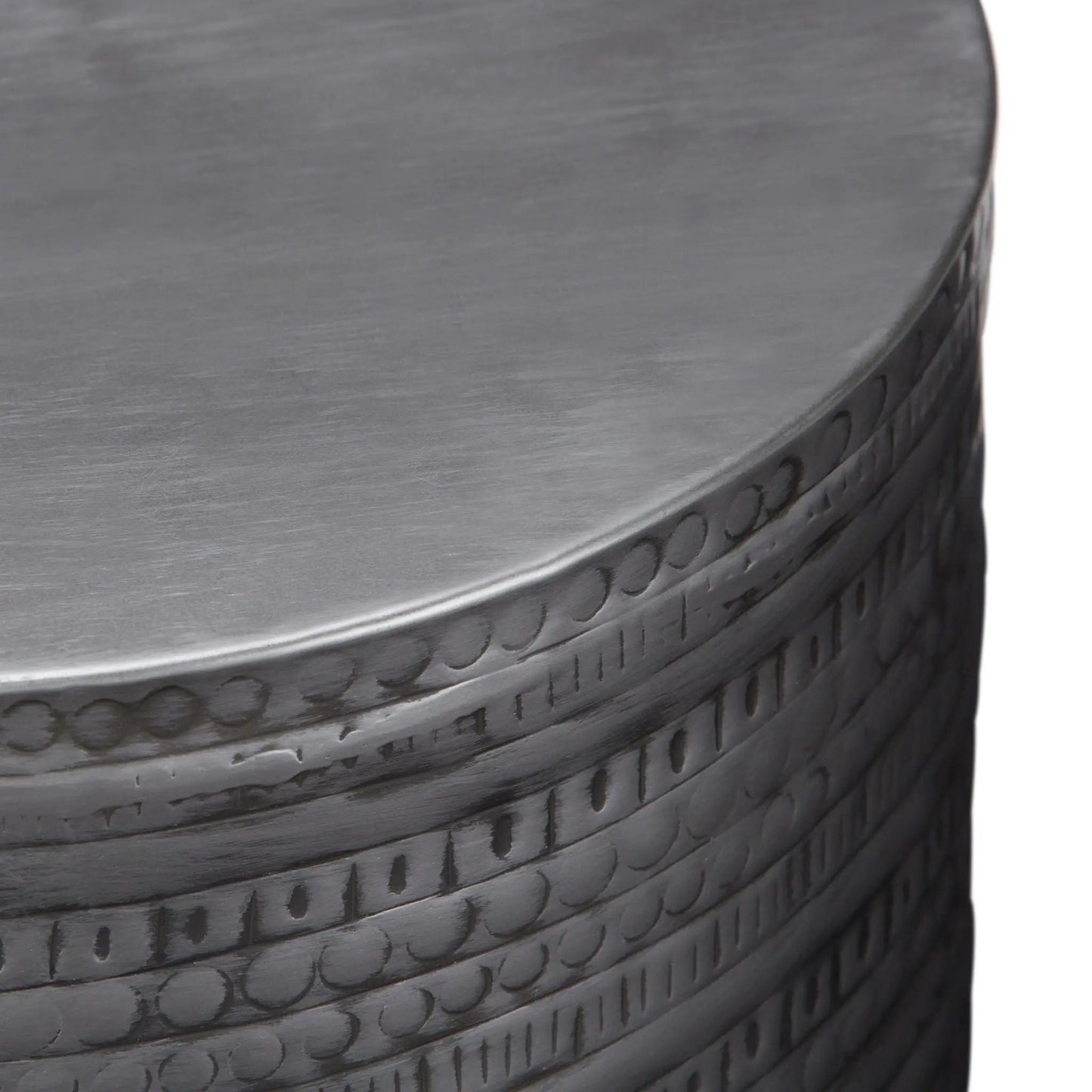 Johnsen handcrafted metal accent table round top with etched band dark finish Unique Piece on Tampa Home & Garden Store