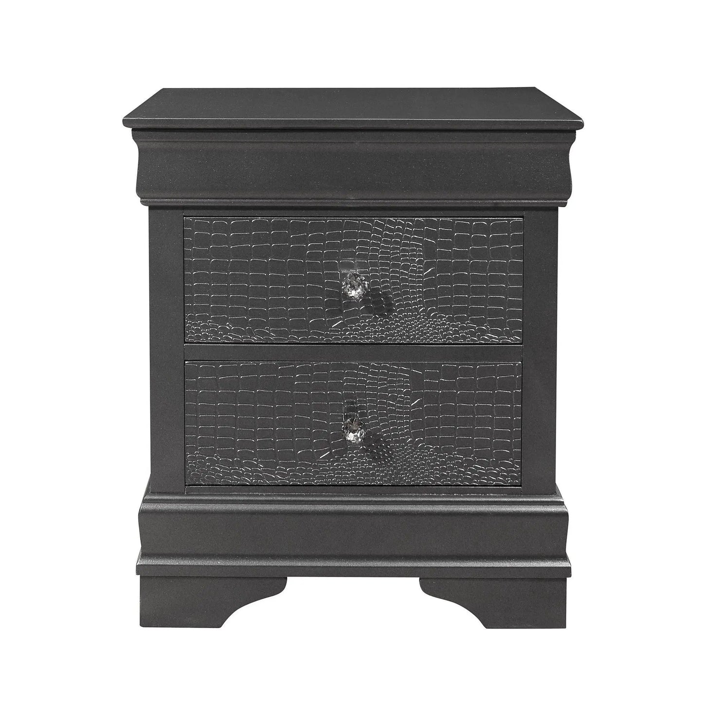Shaker Crocodile Metallic Nightstand crocodile-textured drawers and crystal knobs on Tampa Home & Garden Store