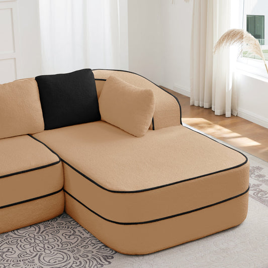 Elysees Right Chaise Sofa W/Pillows camel teddy fabric black piping HouseOfZazla on Tampa Home & Garden Store