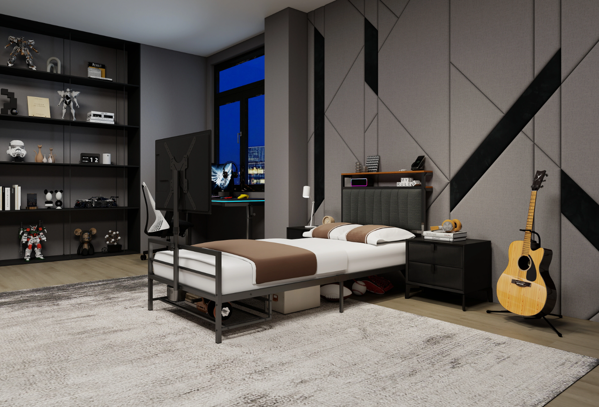 Twin size gaming bed with rotating TV mount and LED lighting, gray metal frame by HouseOfZazla on Tampa Home & Garden Store