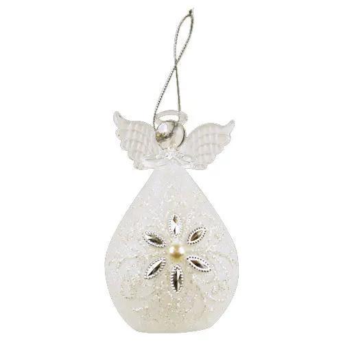 Snowflake Angel Tabletop Ornament with LED Light, white glitter teardrop body, angel wings on Tampa Home & Garden Store