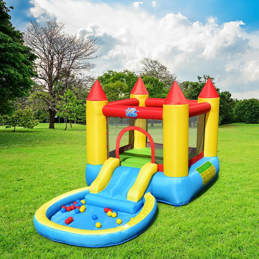 Inflatable Bounce House Castle with Ball Pool, yellow red towers, blue base, slide, ball pit on Tampa Home & Garden Store