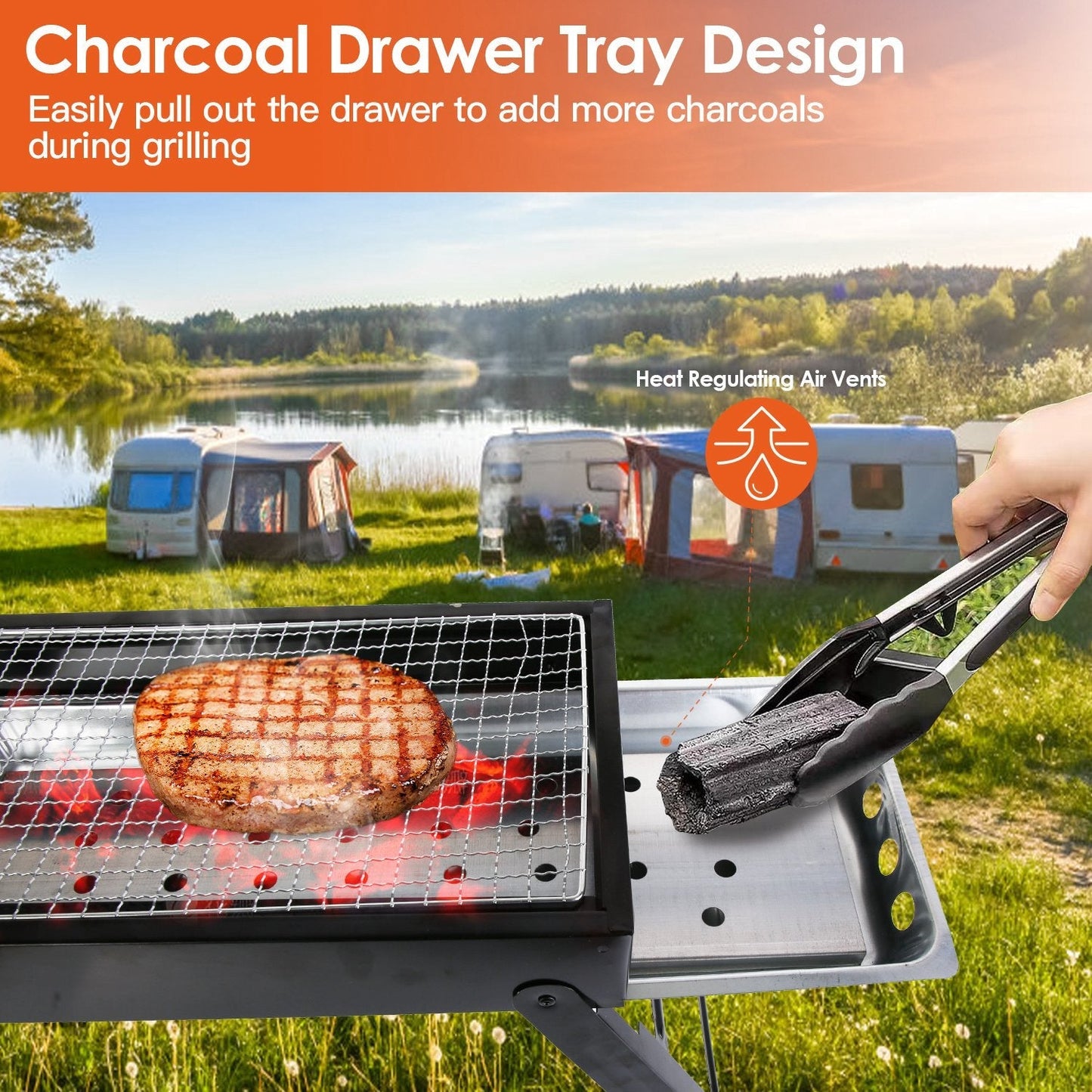 GemGear foldable charcoal BBQ grill with stainless steel body for tabletop outdoor grilling on Tampa Home & Garden Store