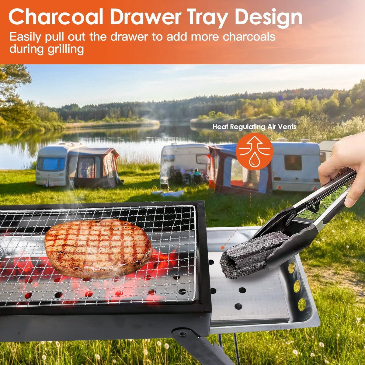 GemGear foldable charcoal BBQ grill, stainless steel grill net, portable tabletop on Tampa Home & Garden Store