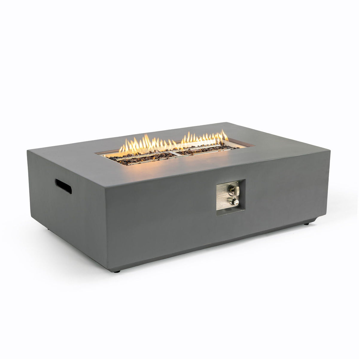 Rectangular light-gray fire pit table by HouseOfZazla, 50,000 BTU heat output on Tampa Home & Garden Store
