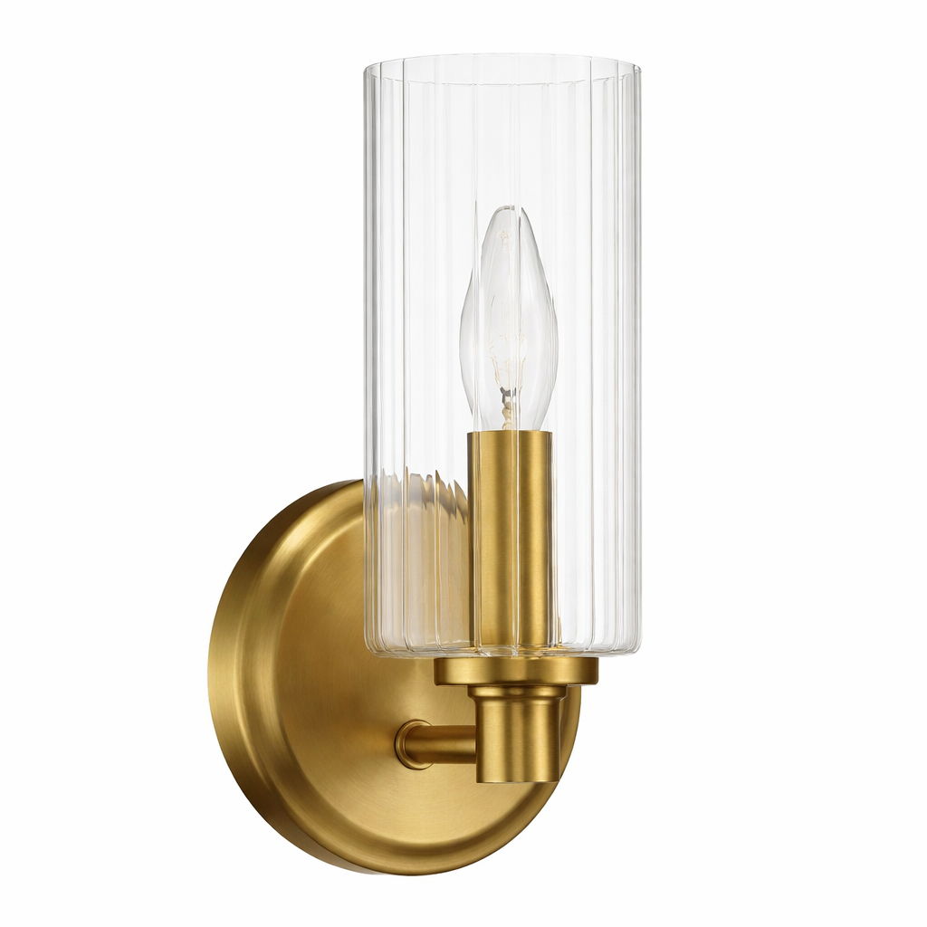 Jardin single light wall sconce with clear ribbed satin glass shade in brass gold finish on Tampa Home & Garden Store