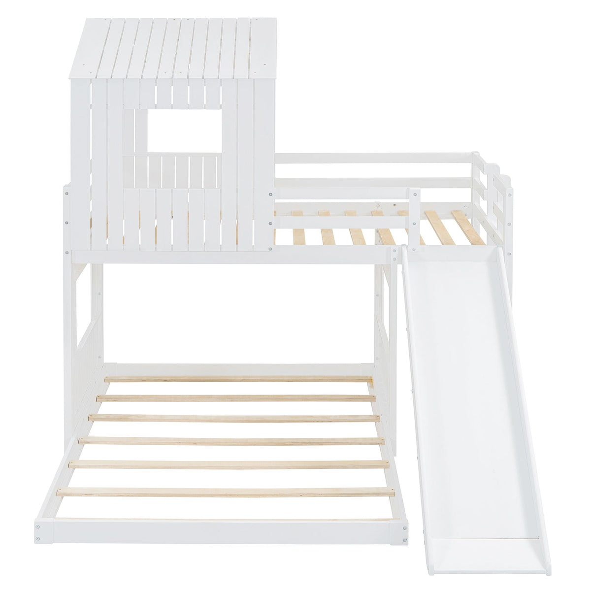 Loft bunk bed with playhouse in white by HouseOfZazla, ladder, guardrails, slide on Tampa Home & Garden Store