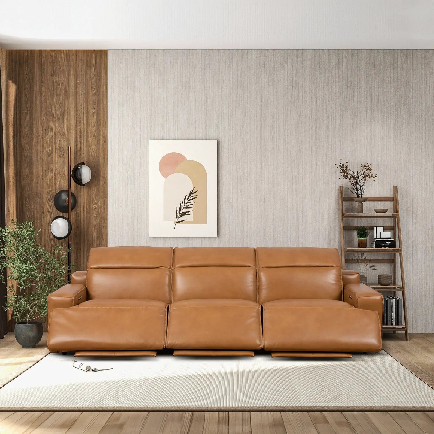 Urbana Triple Power Recliner Sofa tan leather, 3-seat power recliners in a modern living room on Tampa Home & Garden Store