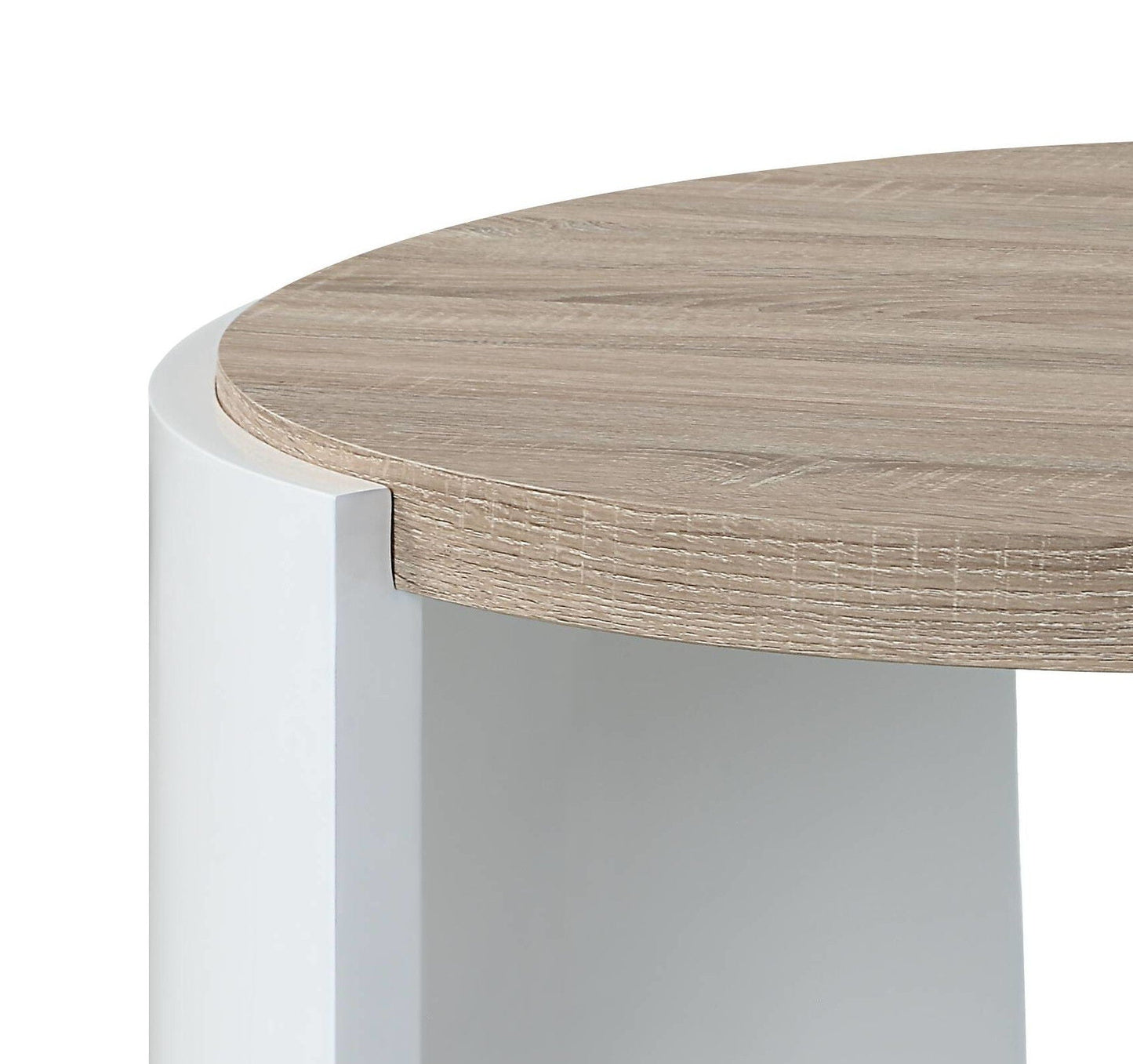 Zoma high-gloss end table with round wood-grain top and white base by HouseOfZazla on Tampa Home & Garden Store