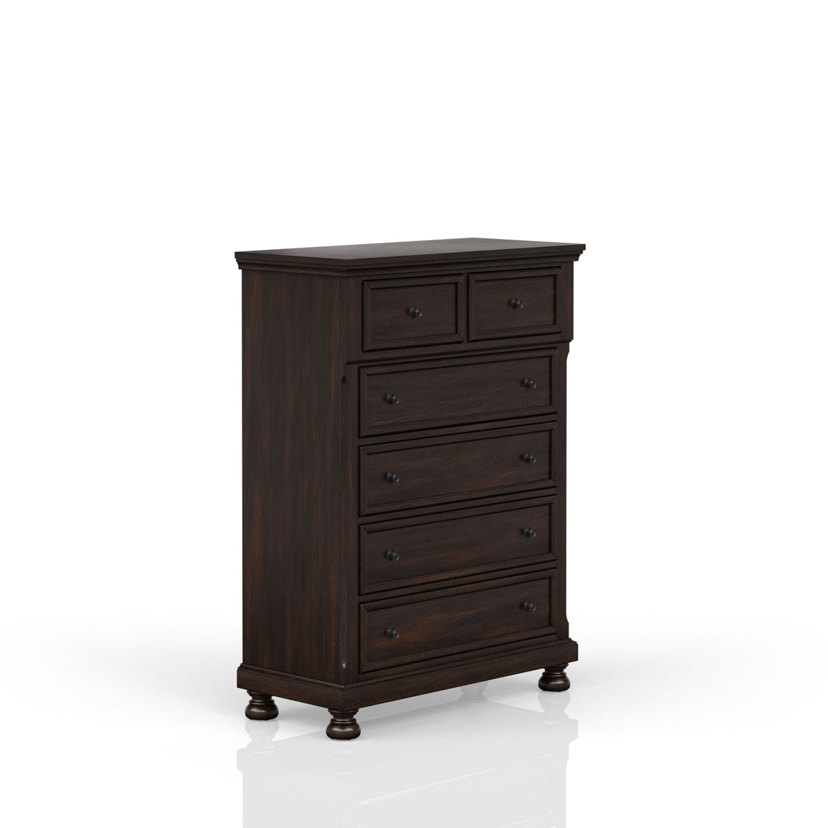 Five-drawer solid wood antique chest dresser in dark finish with knob pulls on Tampa Home & Garden Store