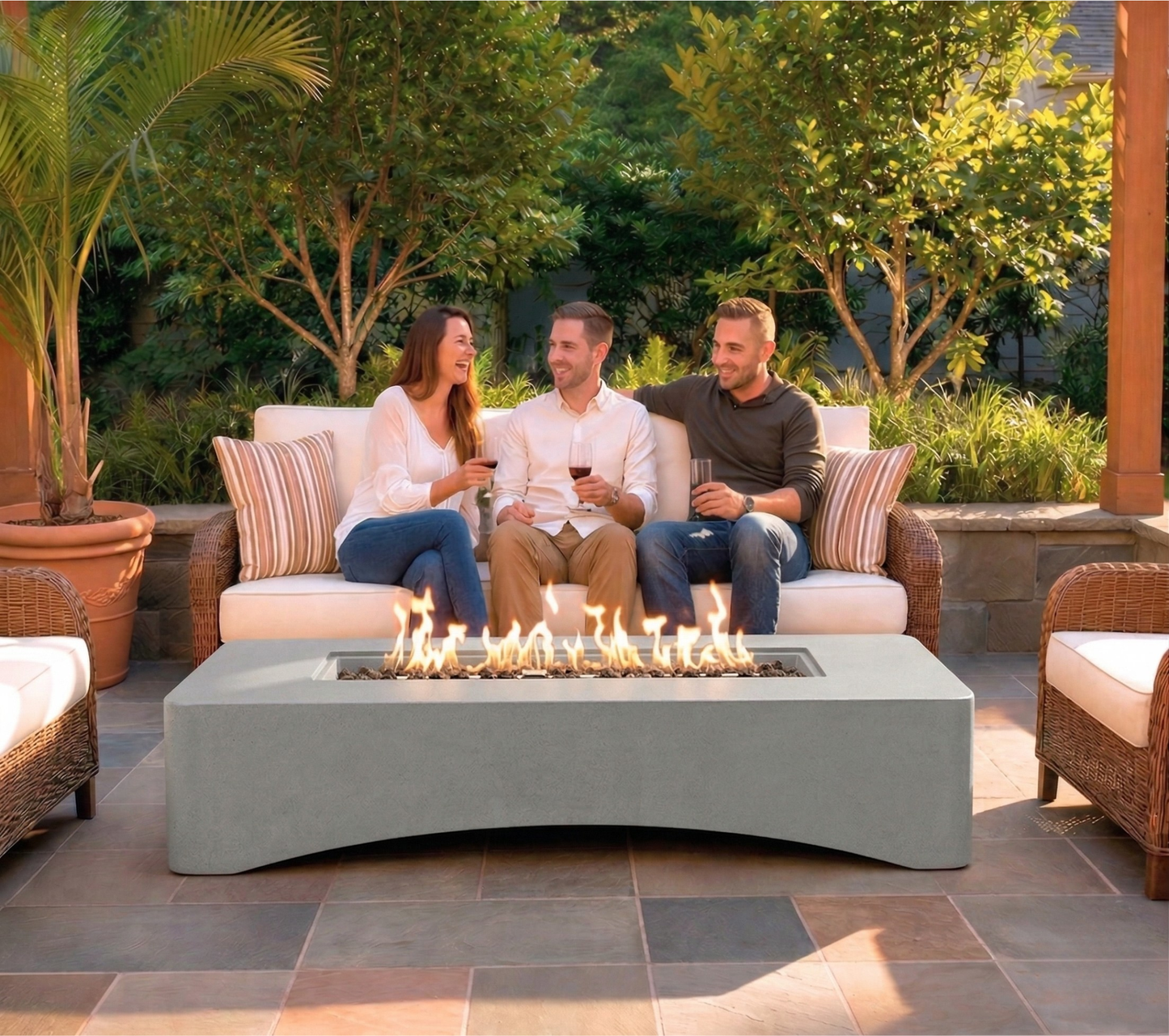 56' Propane Fire Pit Table rectangular outdoor gas fire pit HouseOfZazla with flames on Tampa Home & Garden Store