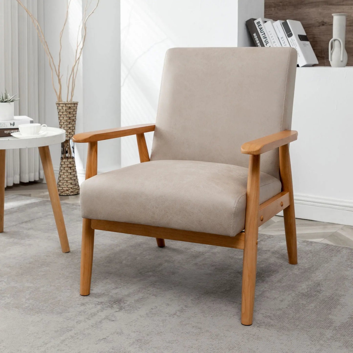 Wide Classic Mid-Century Arm Chair beige upholstery with wood frame by Unique Piece Furniture on Tampa Home & Garden Store