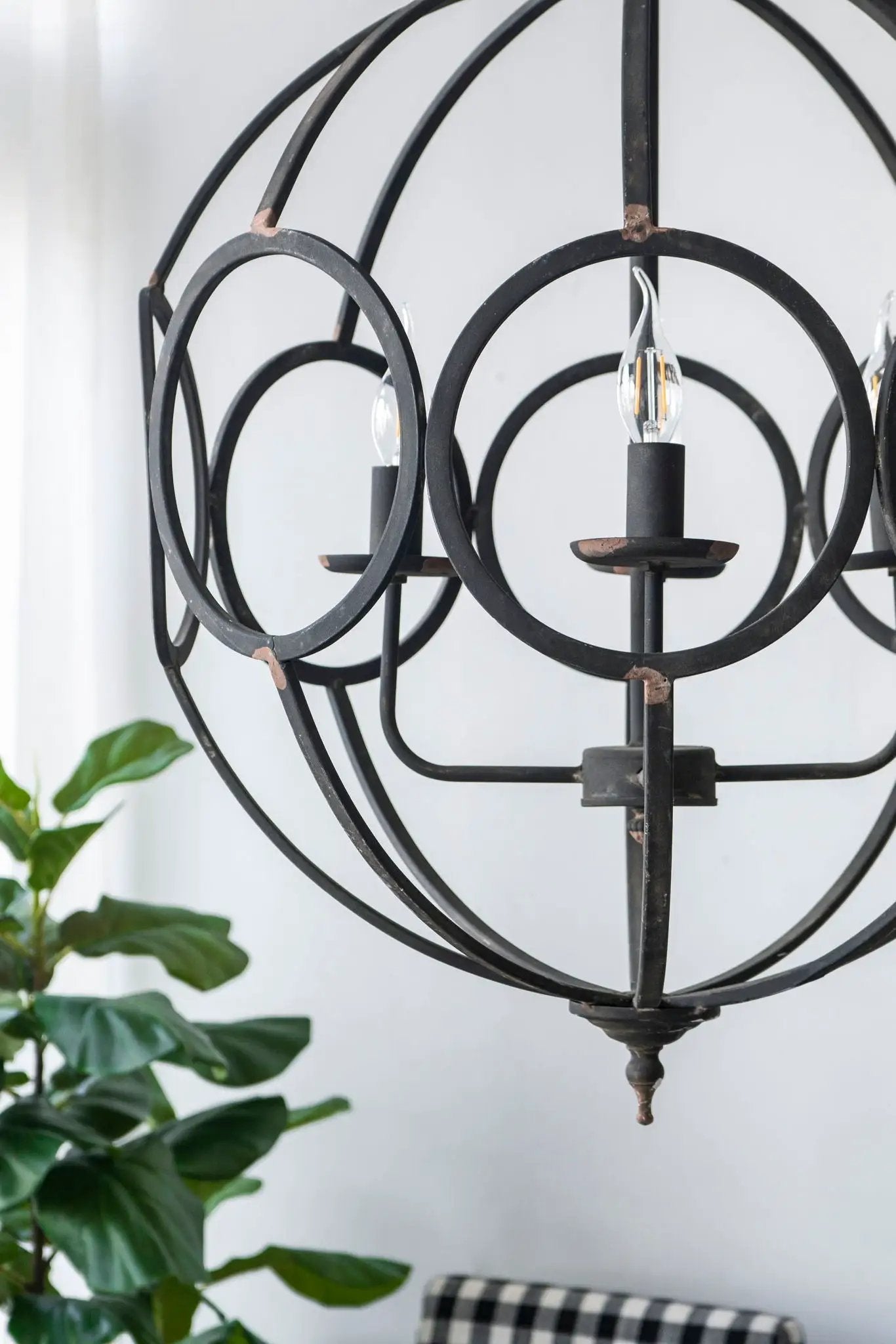 4-light black metal chandelier with circular rings and candle-style bulbs on Tampa Home & Garden Store
