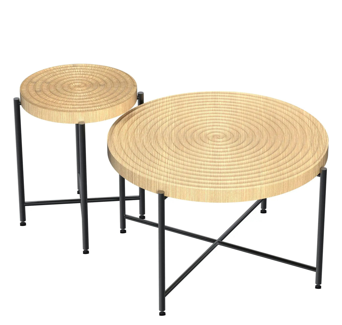 Coffee and end table set with natural wood round tops and black metal legs set of 2 on Tampa Home & Garden Store