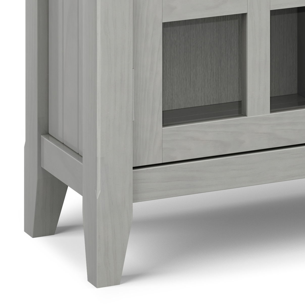 Acadian Entryway Storage Cabinet in gray wash with glass doors and tapered legs for Tampa on Tampa Home & Garden Store