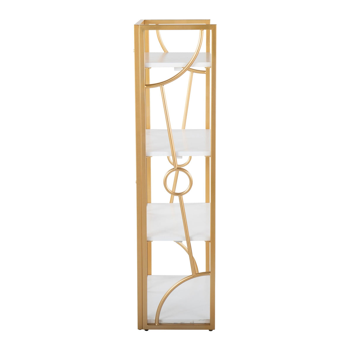Contemporary four-shelf gold metal etagere with white shelves on Tampa Home & Garden Store