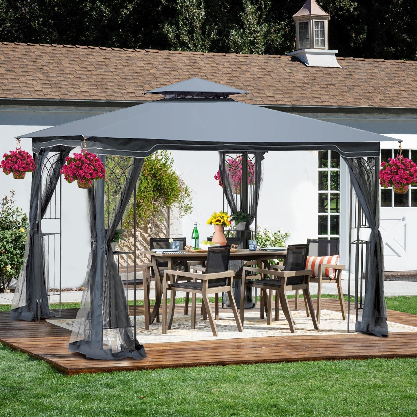 Patio Gazebo Tent by HouseOfZazla with ventilated double roof and mosquito net over dining set on Tampa Home & Garden Store
