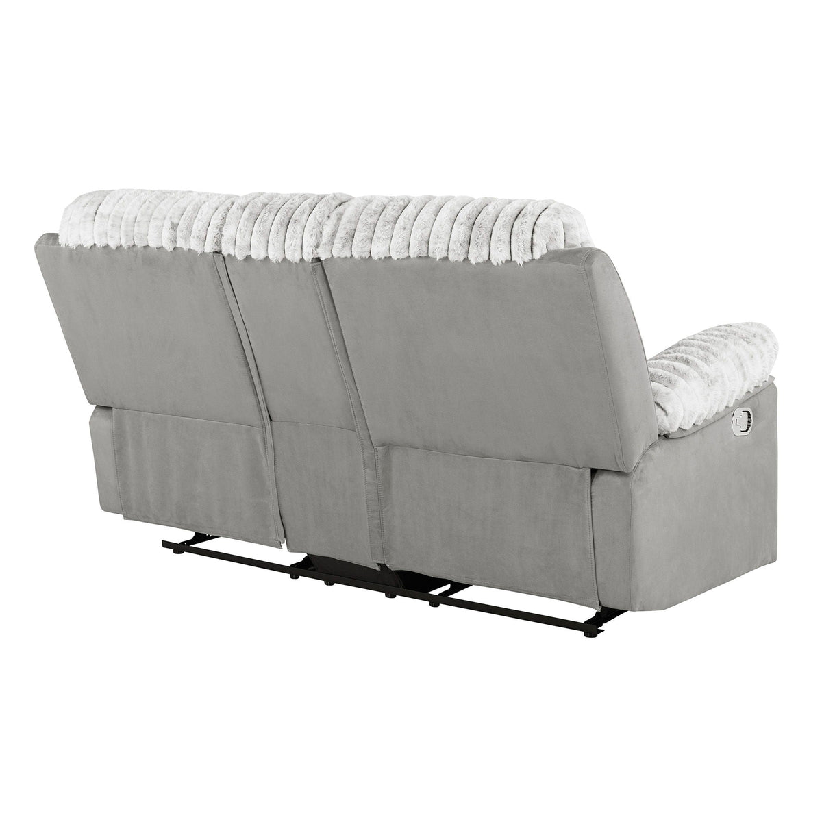 Bruni manual reclining loveseat in gray fabric with white plush throw on Tampa Home & Garden Store