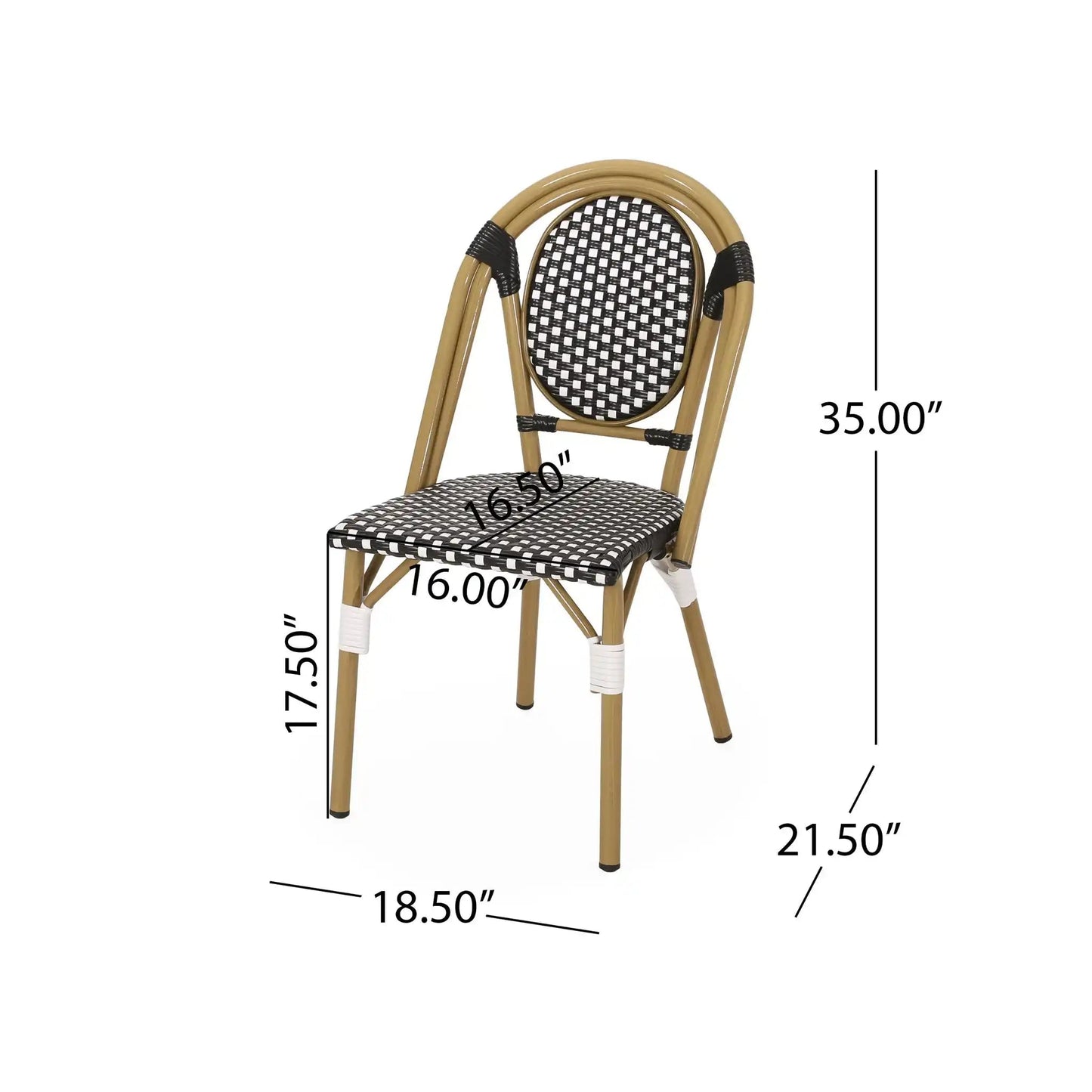 Outdoor Rattan and Aluminum French Bistro Chair Set, tan frame with black-and-white woven seat on Tampa Home & Garden Store