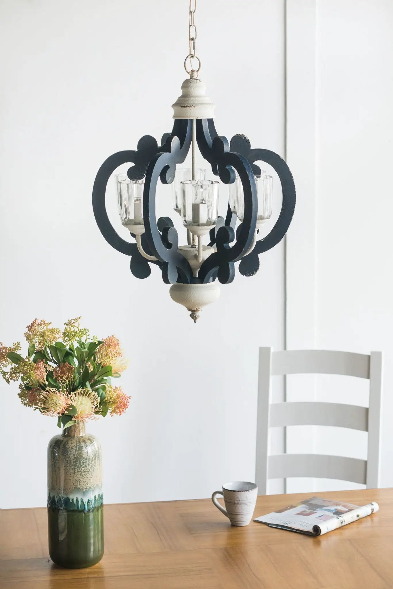 Wood Chandelier 6-Light farmhouse pendant with dark scrollwork, cream top, glass shades on Tampa Home & Garden Store