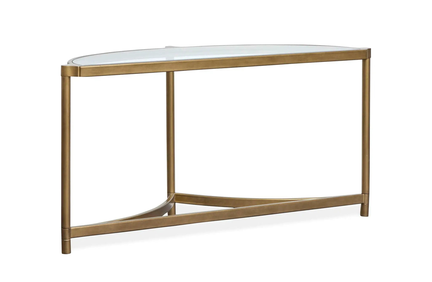 Cassidy demilune sofa table in aged brass with a glass top and slender cylindrical legs on Tampa Home & Garden Store
