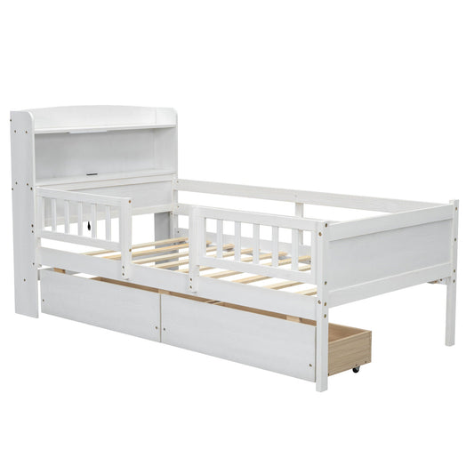 Platform bed with LED-lit headboard, white finish, guardrail and 2 built-in drawers on Tampa Home & Garden Store
