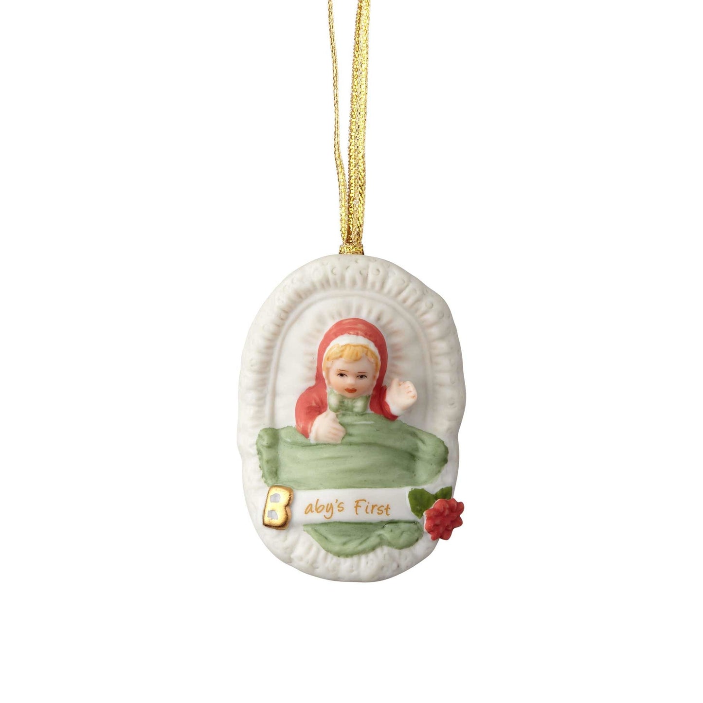 Growing Up Girl Ornament ceramic arch blonde girl in red and green Baby's First gold hanger on Tampa Home & Garden Store