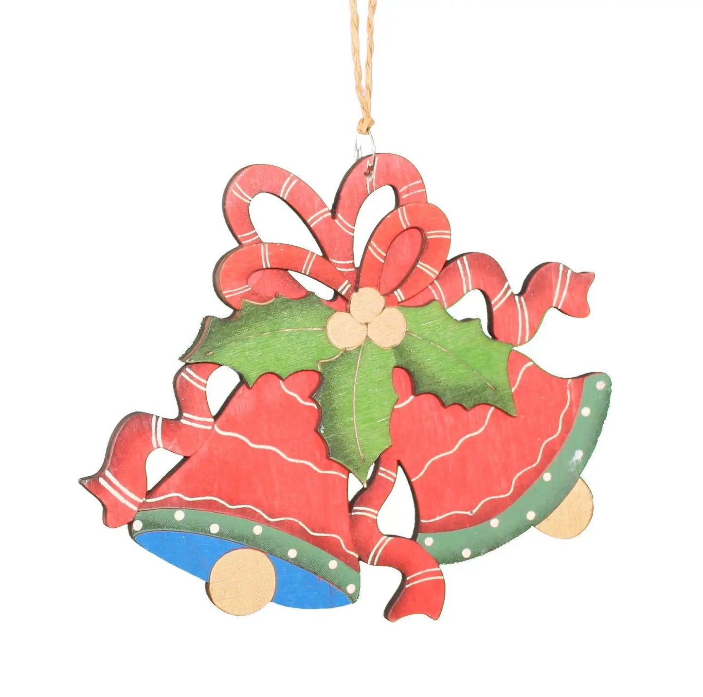 Hand Painted Wood Ornament Bells Red and Blue with red bow and green holly leaves on blue base on Tampa Home & Garden Store