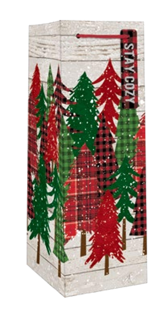 Heavy bottle gift bag with red corded handle and tag; red-green tree design on wood on Tampa Home & Garden Store