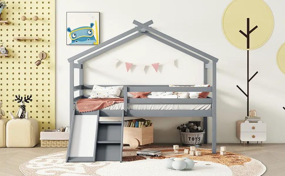 Low Loft House Bed With Slide and Guardrails