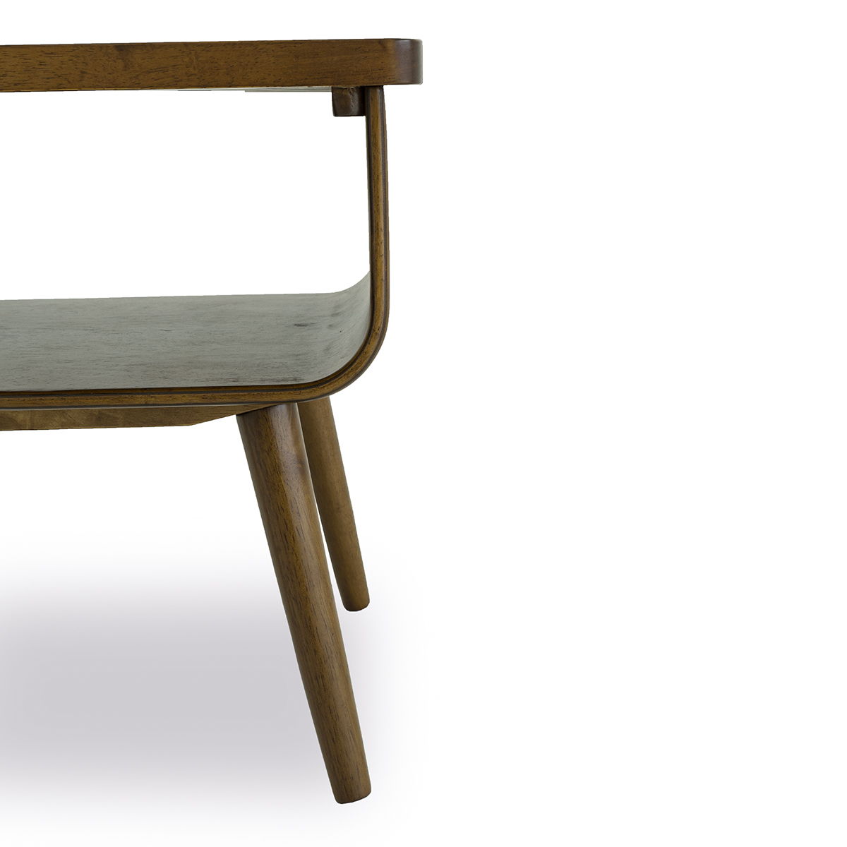 Alice mid-century modern coffee table in warm walnut wood with curved frame and glass top on Tampa Home & Garden Store