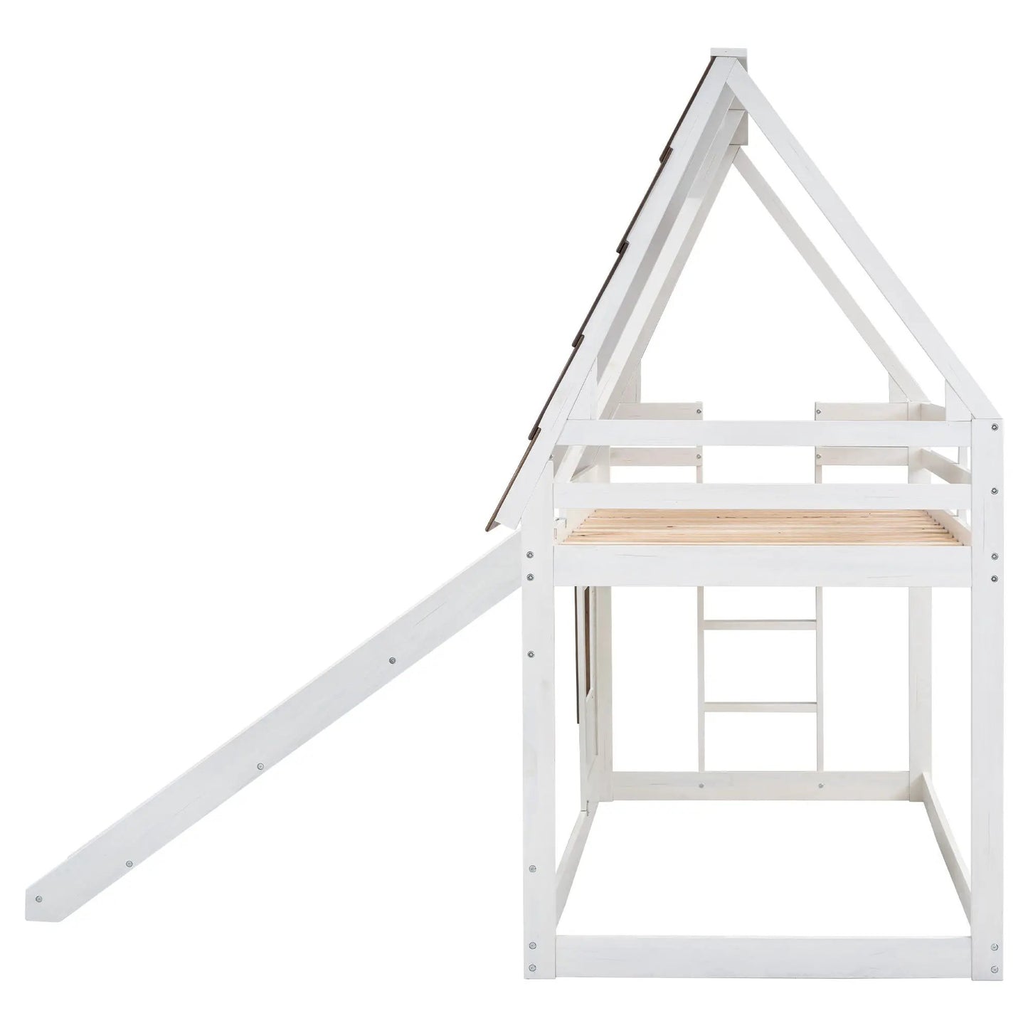 White wooden twin-size house bunk bed frame with ladder and slanted roof on Tampa Home & Garden Store