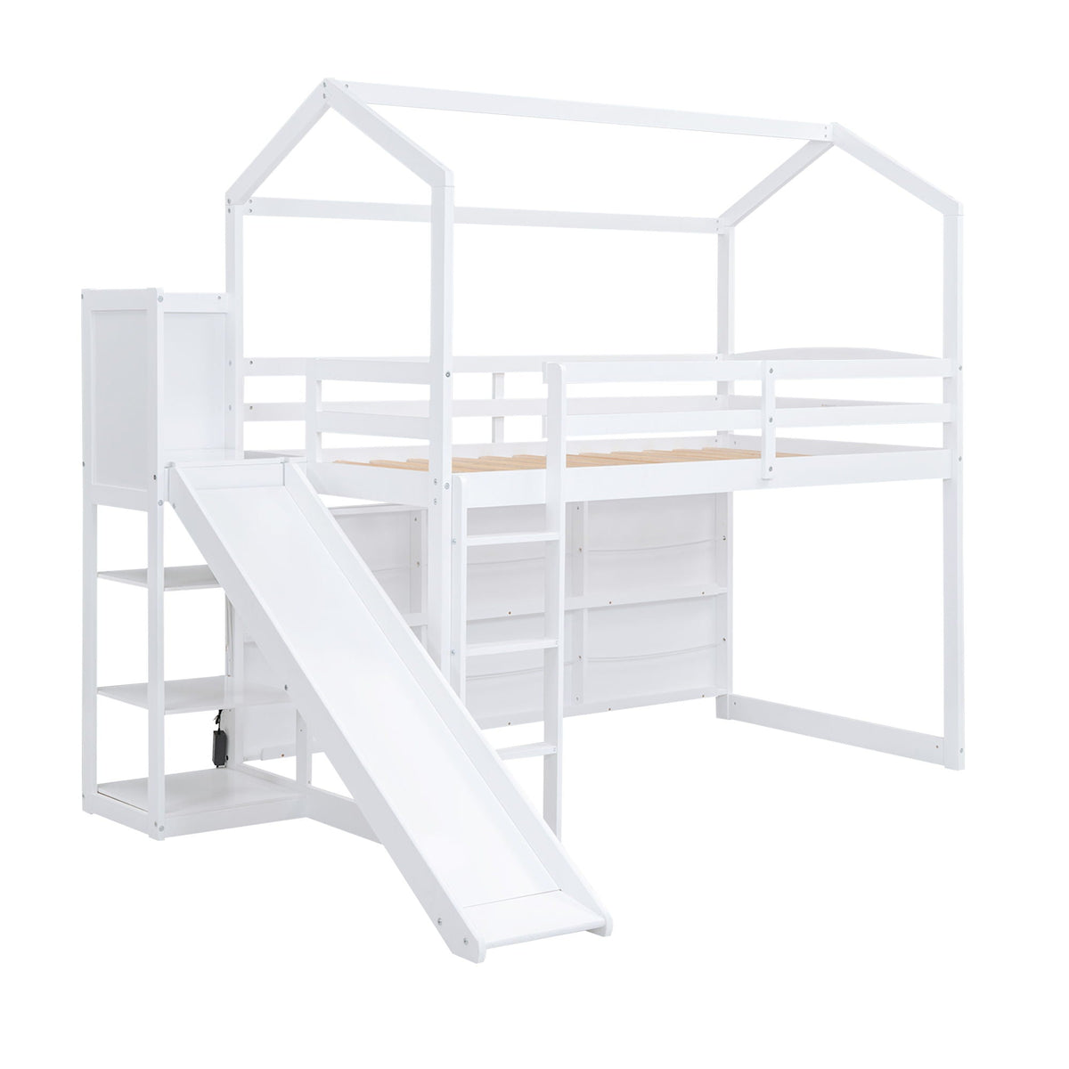 HouseOfZazla House Loft Bed with Slide, white frame, storage shelves and climbing ramp on Tampa Home & Garden Store