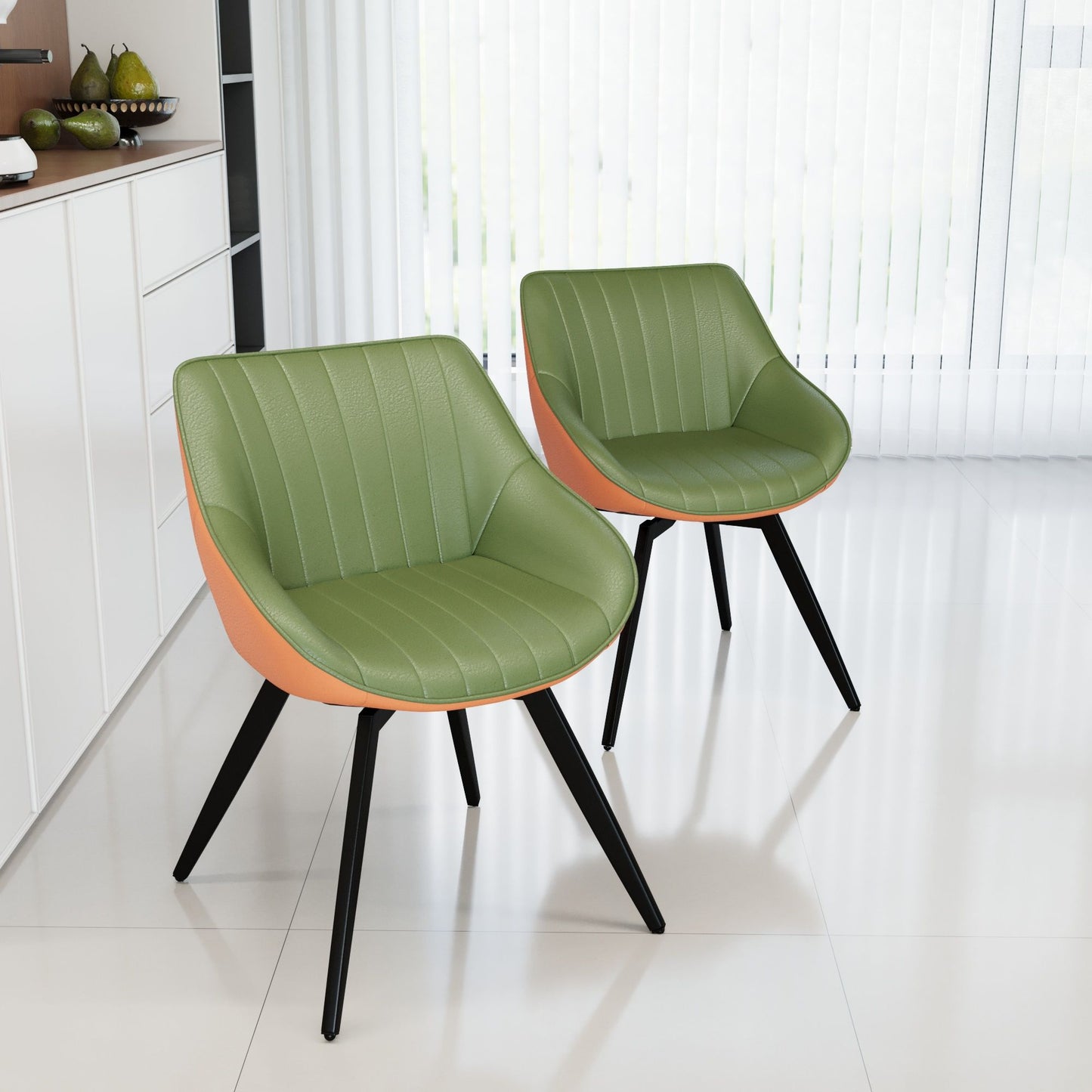 Modern Medieval Kitchen Dining Chair Set of 2 green upholstery orange base 360° swivel HouseOfZazla on Tampa Home & Garden Store