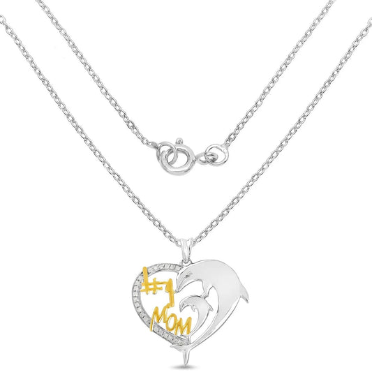 Two Tone Diamond Pendant heart with gold MOM lettering and diamond accents in sterling silver on Tampa Home & Garden Store