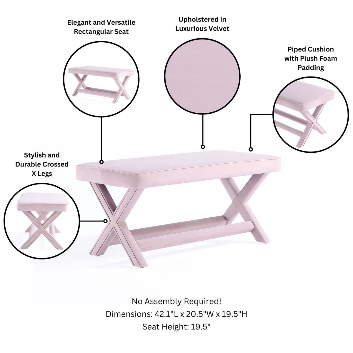 Accent bench pink velvet with piped cushion and solid wood X-frame by HouseOfZazla on Tampa Home & Garden Store