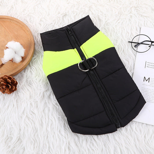 Pet Zen dog coat vest, black quilted with neon yellow stripe, front zipper on Tampa Home & Garden Store