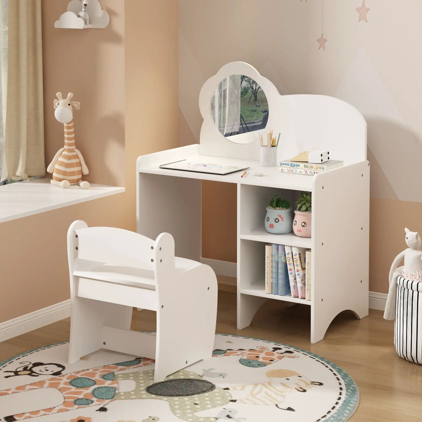 Kids vanity table with chair, white finish, cloud-shaped mirror, storage shelves on Tampa Home & Garden Store