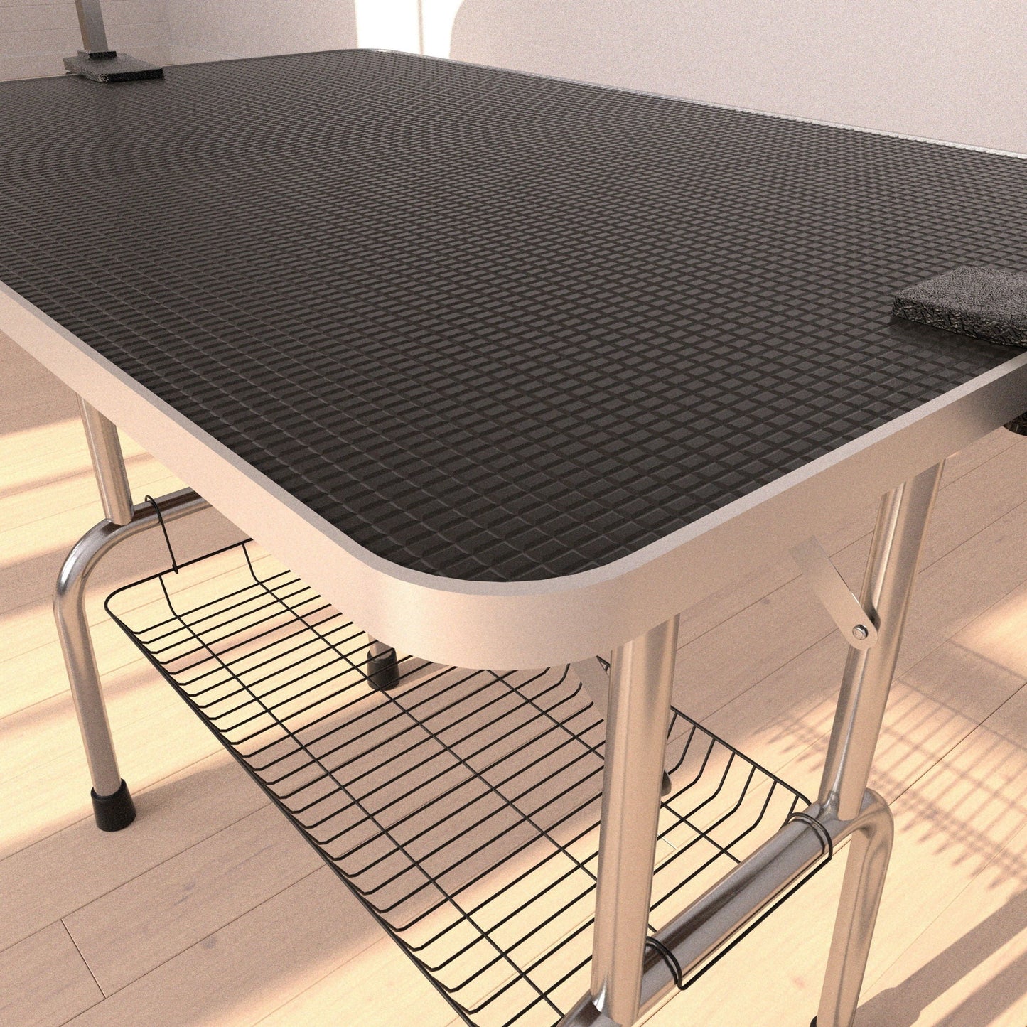 Professional dog grooming table with black textured top, metal frame, under-table mesh shelf on Tampa Home & Garden Store